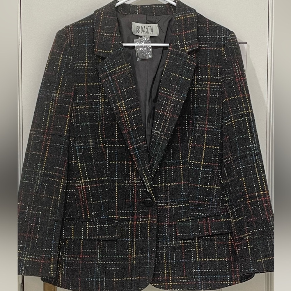 Anthropologie BB Dakota Wool Blend Colorful Dotted Stitch Gray Blazer 10 NWOT